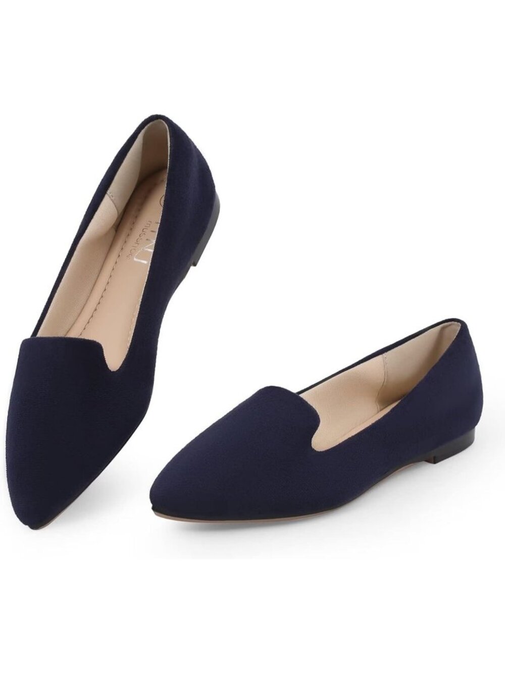 Women's Navy Blue Suede Comfortable Pointed Toe Memory Foam Slip On Flat Shoes